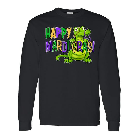 Inktastic Happy Mardi Gras Cute Alligator with Beads Long Sleeve T-Shirt