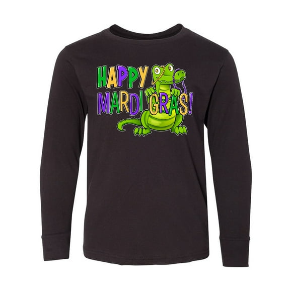 Inktastic Happy Mardi Gras Cute Alligator with Beads Long Sleeve Youth T-Shirt