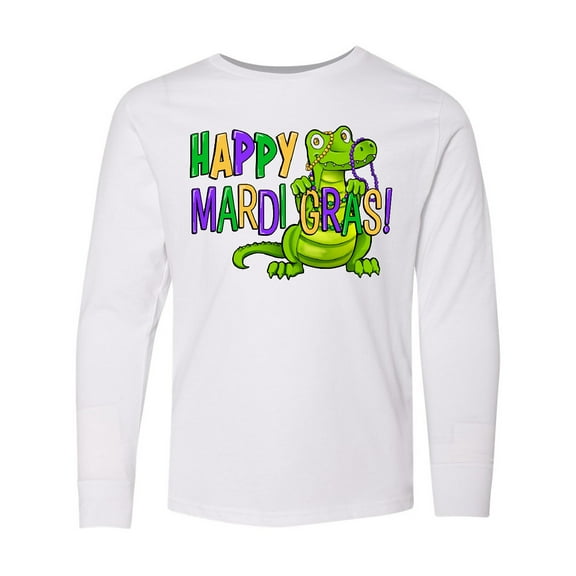 Inktastic Happy Mardi Gras Cute Alligator with Beads Long Sleeve Youth T-Shirt