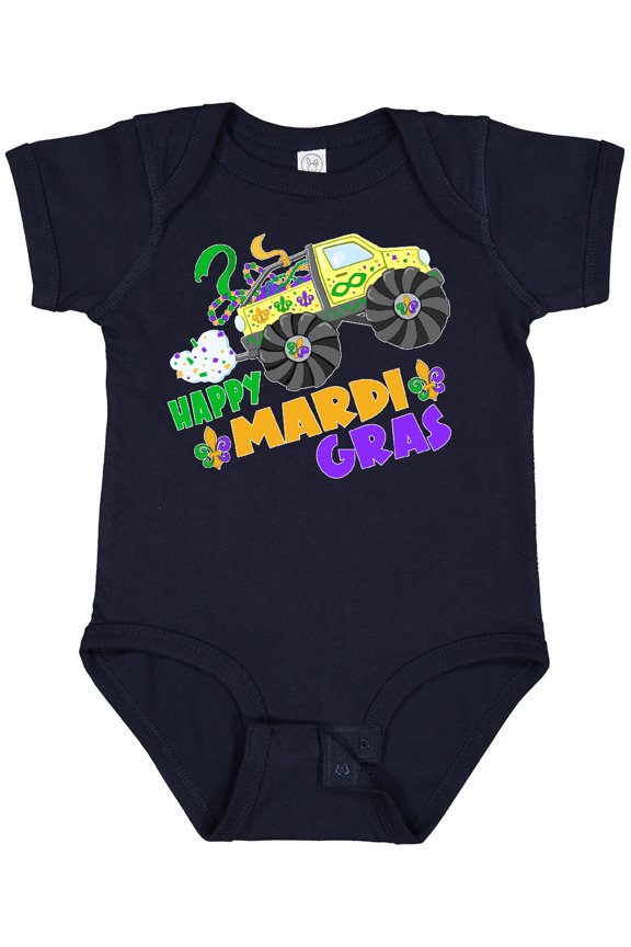 Happy Mardi Gras Monster Truck with Beads Boys or Girls Baby Bodysuit