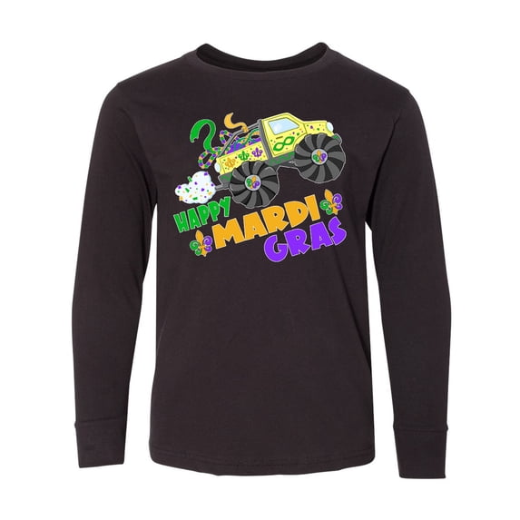 Inktastic Happy Mardi Gras Monster Truck with Beads Long Sleeve Youth T-Shirt