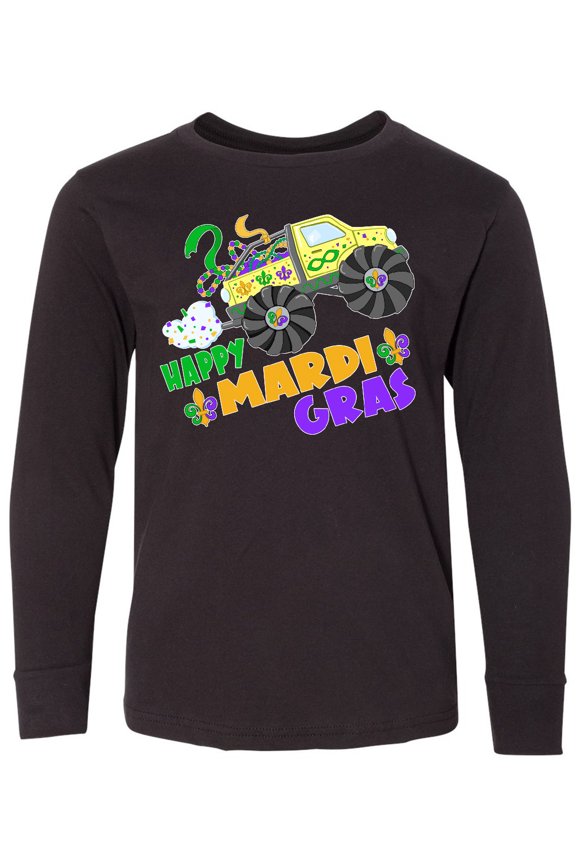 Happy Mardi Gras Monster Truck with Beads Long Sleeve Youth T-Shirt