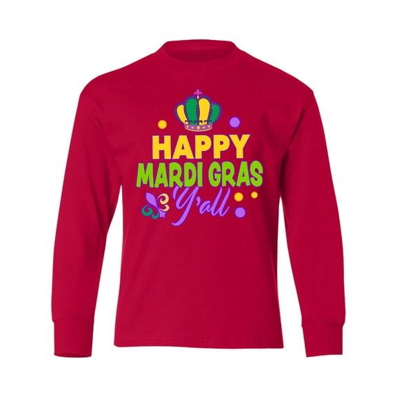 Inktastic Happy Mardi Gras Y'all with Crown Long Sleeve Youth T-Shirt