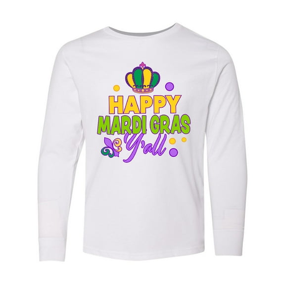 Inktastic Happy Mardi Gras Y'all with Crown Long Sleeve Youth T-Shirt
