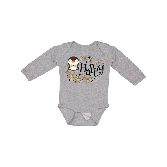 Inktastic Happy New Year with Cute Penguin Boys or Girls Long Sleeve Baby Bodysuit