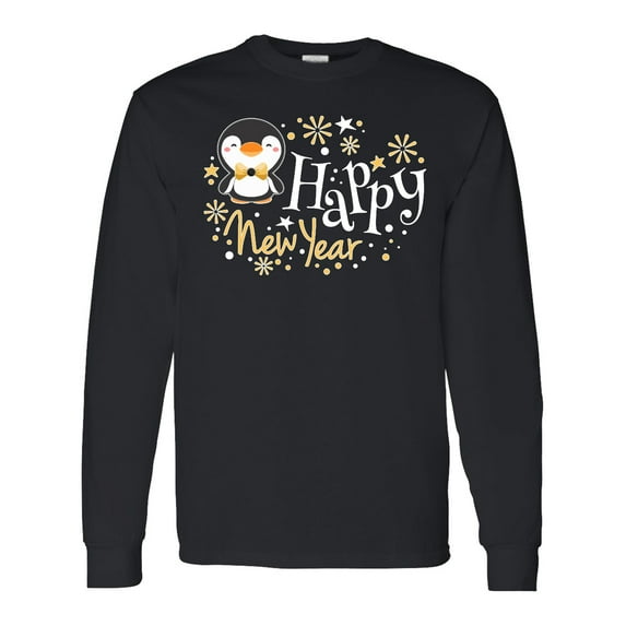 Inktastic Happy New Year with Cute Penguin Long Sleeve T-Shirt