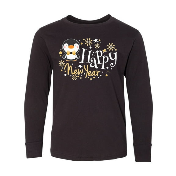 Inktastic Happy New Year with Cute Penguin Long Sleeve Youth T-Shirt