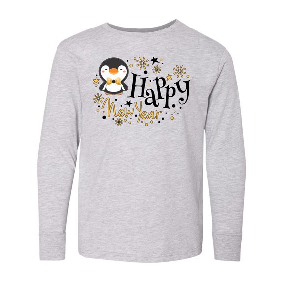 Inktastic Happy New Year with Cute Penguin Long Sleeve Youth T-Shirt