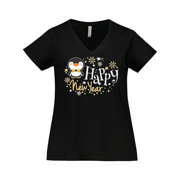 Inktastic Happy New Year with Cute Penguin Women's Plus Size V-Neck T-Shirt