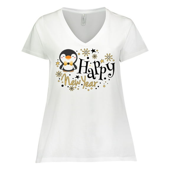 Inktastic Happy New Year with Cute Penguin Women's Plus Size V-Neck T-Shirt
