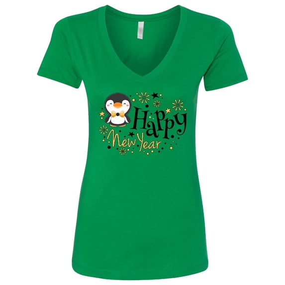 Inktastic Happy New Year with Cute Penguin Women's V-Neck T-Shirt