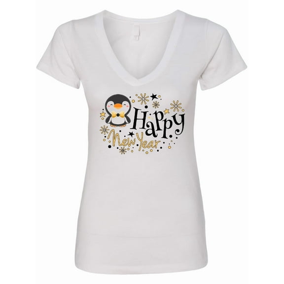 Inktastic Happy New Year with Cute Penguin Women's V-Neck T-Shirt