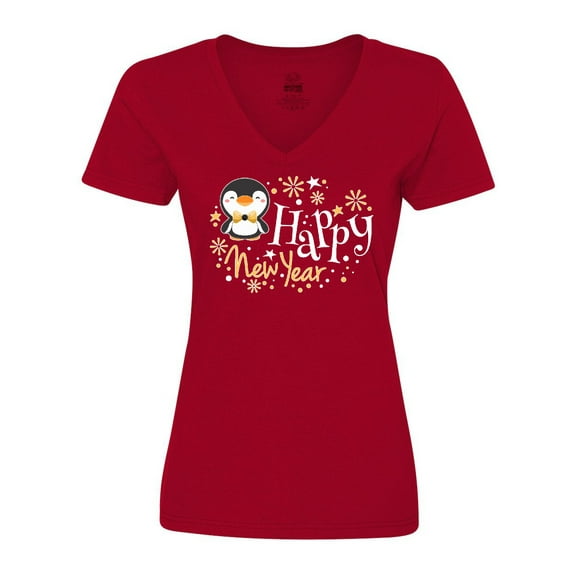 Inktastic Happy New Year with Cute Penguin Women's V-Neck T-Shirt