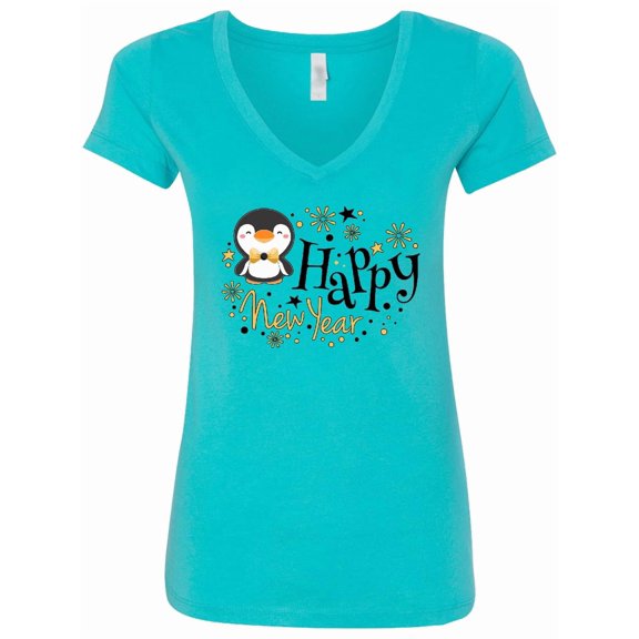Inktastic Happy New Year with Cute Penguin Women's V-Neck T-Shirt