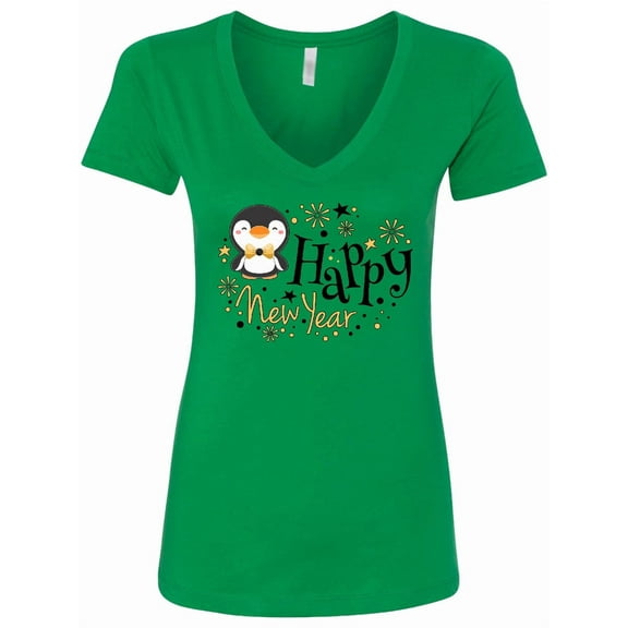 Inktastic Happy New Year with Cute Penguin Women's V-Neck T-Shirt