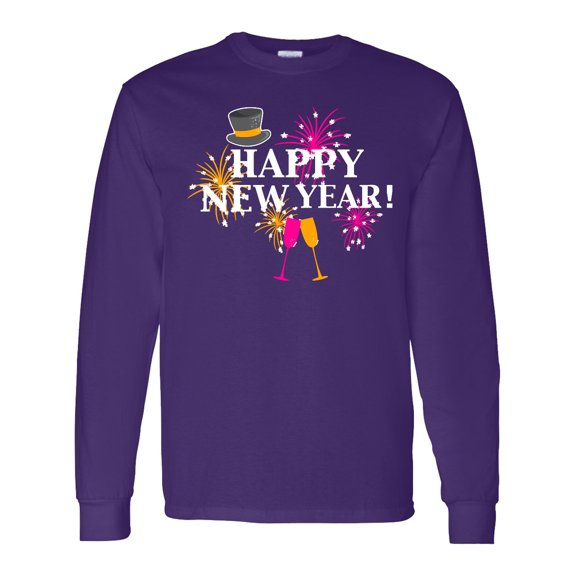 Inktastic Happy New Year with Hat Fireworks and Wine Glasses Long Sleeve T-Shirt