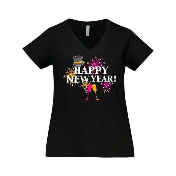 Inktastic Happy New Year with Hat Fireworks and Wine Glasses Women's Plus Size V-Neck T-Shirt