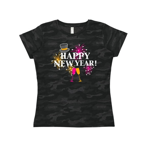 Inktastic Happy New Year with Hat Fireworks and Wine Glasses Women's T-Shirt