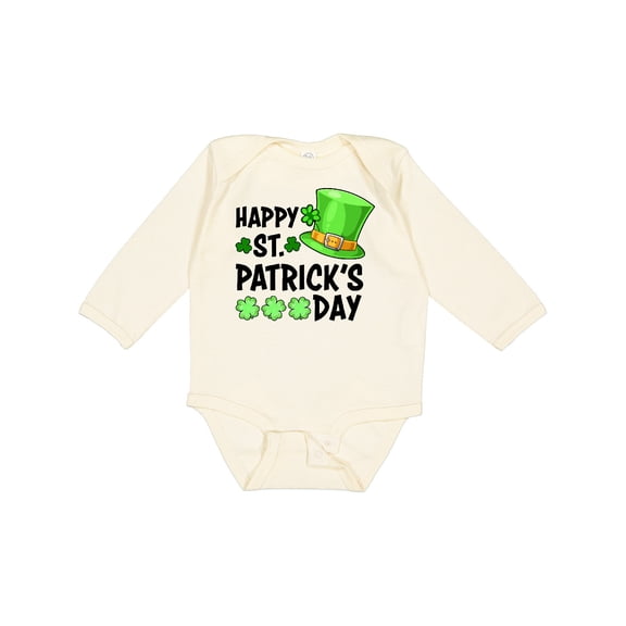 Inktastic Happy St. Patrick's Day Green Hat and Clovers Boys or Girls Long Sleeve Baby Bodysuit