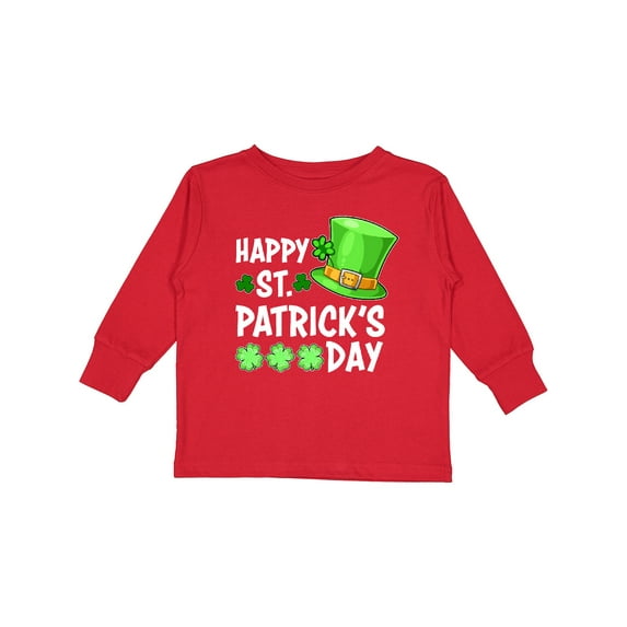 Inktastic Happy St. Patrick's Day Green Hat and Clovers Boys or Girls Long Sleeve Toddler T-Shirt