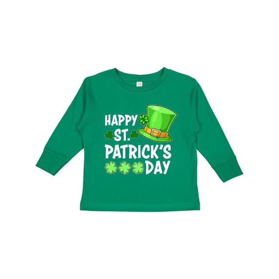 Inktastic Happy St. Patrick's Day Green Hat and Clovers Boys or Girls Long Sleeve Toddler T-Shirt