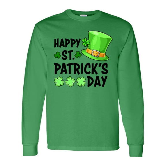 Inktastic Happy St. Patrick's Day Green Hat and Clovers Long Sleeve T-Shirt