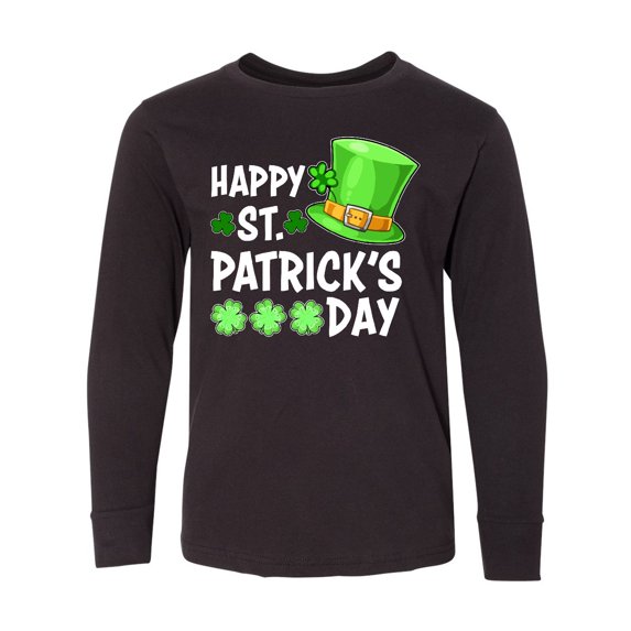 Inktastic Happy St. Patrick's Day Green Hat and Clovers Long Sleeve Youth T-Shirt