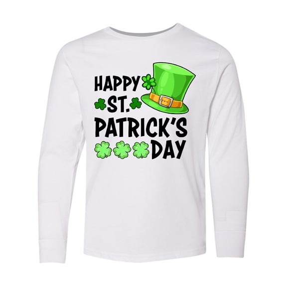 Inktastic Happy St. Patrick's Day Green Hat and Clovers Long Sleeve Youth T-Shirt