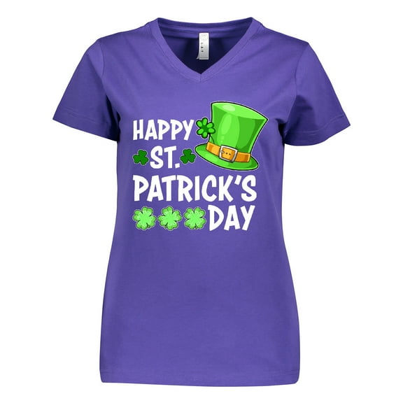 Inktastic Happy St. Patrick's Day Green Hat and Clovers Women's V-Neck T-Shirt