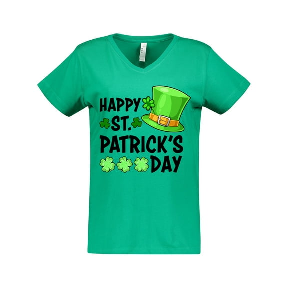 Inktastic Happy St. Patrick's Day Green Hat and Clovers Women's V-Neck T-Shirt