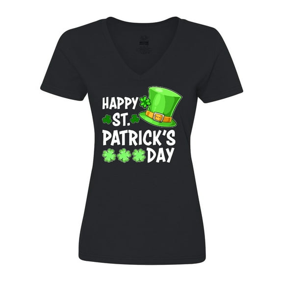 Inktastic Happy St. Patrick's Day Green Hat and Clovers Women's V-Neck T-Shirt
