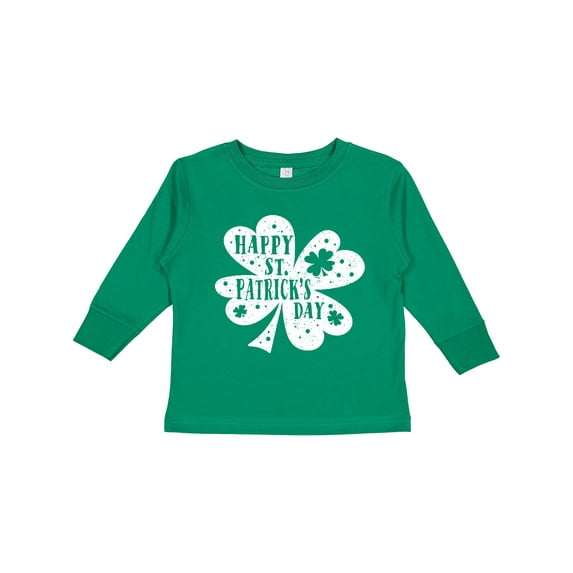Inktastic Happy St. Patrick's Day Shamrock Silhouette in White Boys or Girls Long Sleeve Toddler T-Shirt