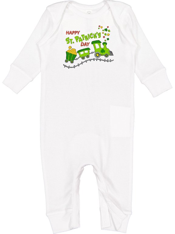 Happy St. Patrick's Day Shamrock Train Baby Romper Coveralls