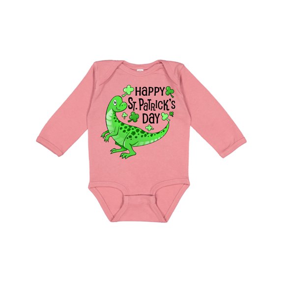 Inktastic Happy St. Patrick's Day- green dinosaur Boys or Girls Long Sleeve Baby Bodysuit