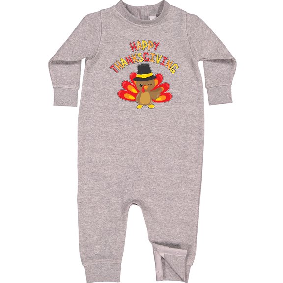 Inktastic Happy Thanksgiving Cute Turkey in Pilgrim Hat Baby Fleece Romper