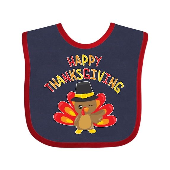 Inktastic Happy Thanksgiving Cute Turkey in Pilgrim Hat Boys or Girls Baby Bib