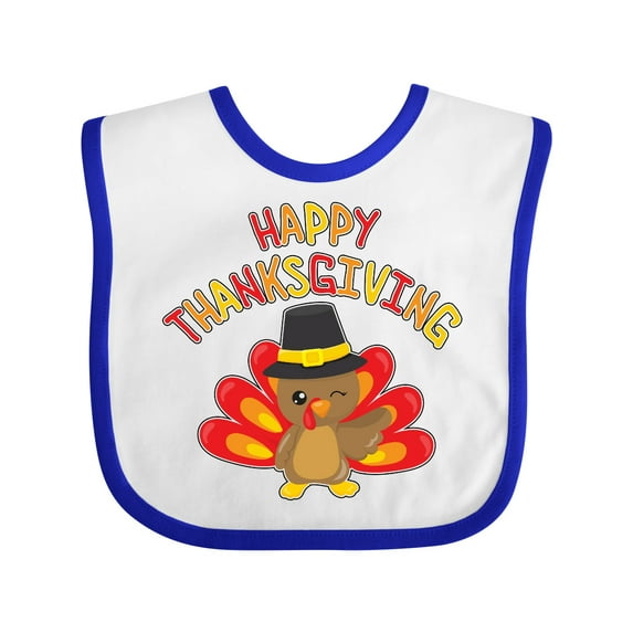 Inktastic Happy Thanksgiving Cute Turkey in Pilgrim Hat Boys or Girls Baby Bib
