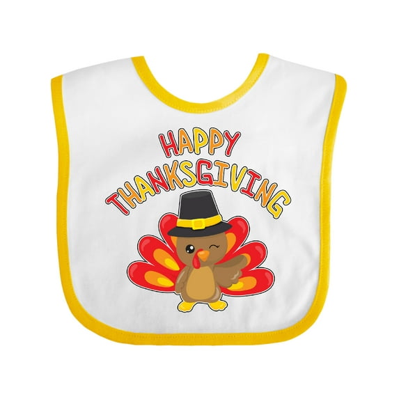 Inktastic Happy Thanksgiving Cute Turkey in Pilgrim Hat Boys or Girls Baby Bib