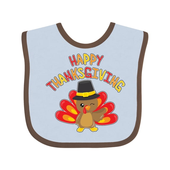 Inktastic Happy Thanksgiving Cute Turkey in Pilgrim Hat Boys or Girls Baby Bib