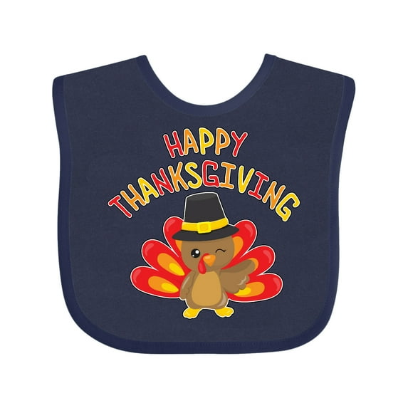 Inktastic Happy Thanksgiving Cute Turkey in Pilgrim Hat Boys or Girls Baby Bib