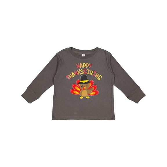 Inktastic Happy Thanksgiving Cute Turkey in Pilgrim Hat Boys or Girls Long Sleeve Toddler T-Shirt