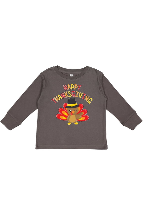 Happy Thanksgiving Cute Turkey in Pilgrim Hat Boys or Girls Long Sleeve Toddler T-Shirt