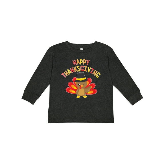 Inktastic Happy Thanksgiving Cute Turkey in Pilgrim Hat Boys or Girls Long Sleeve Toddler T-Shirt