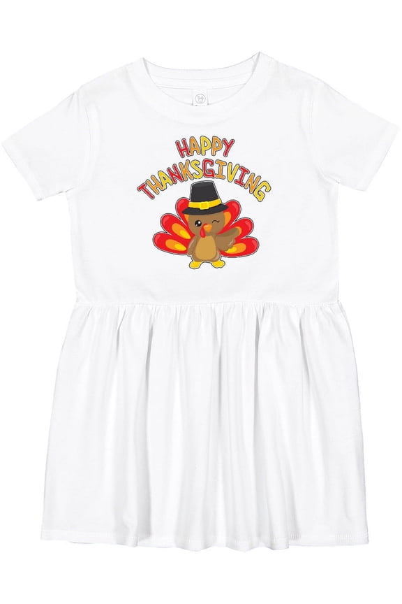 Happy Thanksgiving Cute Turkey in Pilgrim Hat Girls Toddler Dress