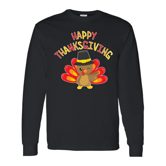Inktastic Happy Thanksgiving Cute Turkey in Pilgrim Hat Long Sleeve T-Shirt