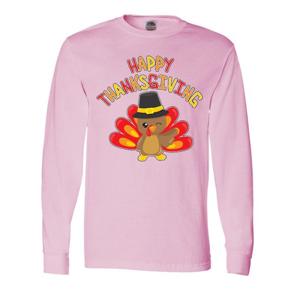 Inktastic Happy Thanksgiving Cute Turkey in Pilgrim Hat Long Sleeve T-Shirt