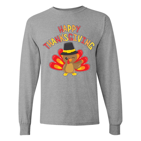 Inktastic Happy Thanksgiving Cute Turkey in Pilgrim Hat Long Sleeve T-Shirt