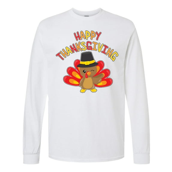 Inktastic Happy Thanksgiving Cute Turkey in Pilgrim Hat Long Sleeve T-Shirt
