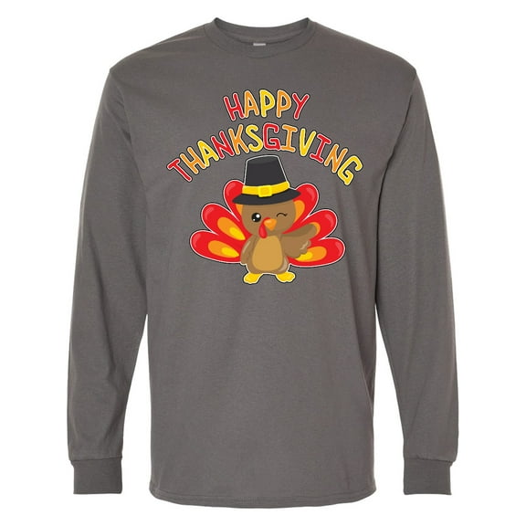 Inktastic Happy Thanksgiving Cute Turkey in Pilgrim Hat Long Sleeve T-Shirt