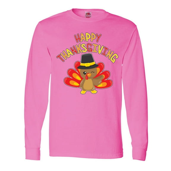 Inktastic Happy Thanksgiving Cute Turkey in Pilgrim Hat Long Sleeve T-Shirt